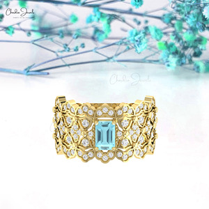 Hot Selling 6x4mm Octagon Cut Aquamarine Gemstone Cocktail <b>Ring</b> with 14k Solid Gold Diamond Signature Wedding <b>Ring</b> for <b>Couple</b> - Product Image 1
