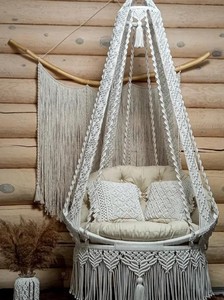 Silla Colgante de Macramé de Algodón Beige, Silla Colgante para Exteriores, Silla Mecedora de Macramé, Hamaca de Macramé, Silla Columpio - Product Image 2