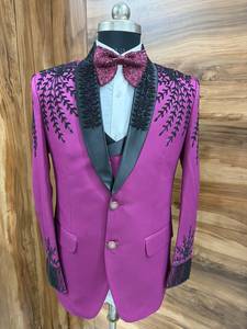 Men's Magenta Embroidered Viscose Tuxedo Suit 3-Piece Double Breasted Mandarin Collar Wedding Blazer Hand - Product Image 1