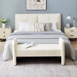 Pouf Rettangolare Beige in Tessuto Effetto Zampa di Gatto, Comodo Sgabello per Camera da Letto e Uso Domestico - Product Image 3