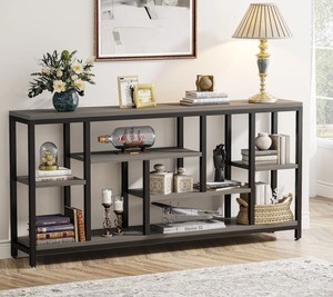 Mesa Consola Moderna de Madera con Estructura Metálica y Estantes de Almacenamiento, Diseño Industrial, Mueble para Sala de Estar, Decoración para Entrada - Product Image 4