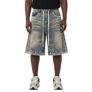 Pantalones Cortos de Mezclilla para Hombre al por Mayor, Estilo Urbano, Lavado Vintage, con Pedrería, Fabricados para Verano - Product Image 1