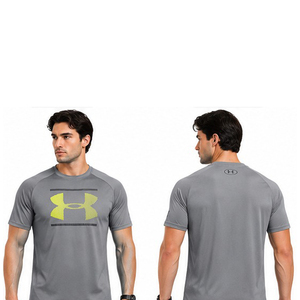 Men's Gray Raglan Sleeve T-<b>Shirt</b> With Yellow Logo Quick Dry Sporty Fit Regular Length O-Neck Knitted <b>Polyester</b> Men's T-<b>Shirts</b> - Product Image 5