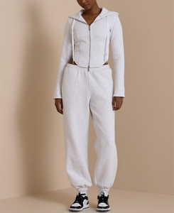 ชุดเซ็ตเสื้อแจ็คเก็ตมีซิปและกางเกงขาบานลำลองสำหรับผู้หญิง พิมพ์โลโก้ได้ตามต้องการ ผ้ากำมะหยี่มีฮู้ด ชุดวอร์ม 2 ชิ้น ผ้าฝ้าย 100% - Product Image 3