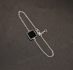 Best Selling 925 Silver Chain Black Onyx <b>Gemstone</b> 12mm Square Shape Bezel Setting Rhodium Plated Minimalist <b>Bracelet</b> For Women's - Product Image 6