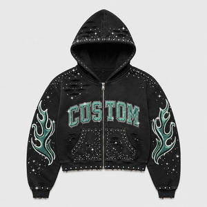 OEM ODM Custom Logo Zip-up Hoodie Breathable Windproof Raw Edge Patch Letter Color Splash <b>Paint</b> Distressed Oversized Streetwear - Product Image 2