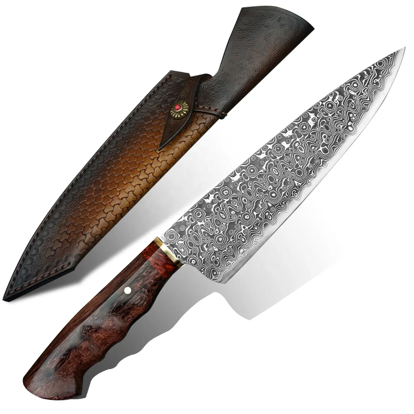 पेशेवर रसोई महाराज चाकू 8 इंच चमड़े म्यान के साथ शीशम संभाल दमिश्क स्टील के रसोई महाराज चाकू