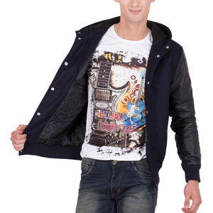 Chaqueta Varsity Azul Marino para Hombre, Mangas de Cuero Sintético Negro, Chaqueta Bomber con Capucha, Chaqueta Letterman, Ropa de Abrigo Informal para Invierno, Abrigo Elegante - Product Image 2