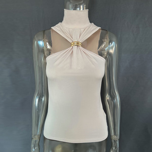 White Turtleneck Sleeveless Tank <b>Top</b> With <b>Metal</b> Ring Bow Detail Elegant Knitted Solid Women's <b>Tops</b> - Product Image 6
