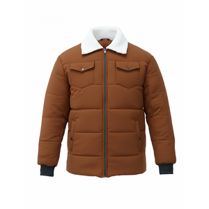 Chaqueta acolchada marrón con cuello de sherpa para hombre, abrigo cálido con cremallera y bolsillos con solapa, ropa exterior informal para exteriores - Product Image 1