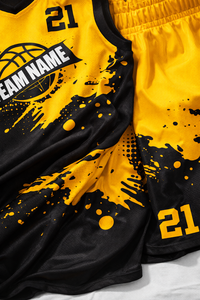 Ensemble d'uniformes de basketball personnalisés par sublimation, maillot jaune et noir, short, nom de l'équipe 21, polyester respirant, adulte unisexe - Product Image 6