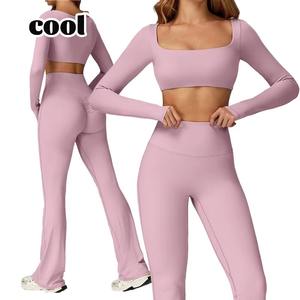 Ensemble de yoga pour femme 2026 personnalisé avec logo, en Spandex/Nylon côtelé, taille mi-haute, pour la gym et l'entraînement, vêtements de fitness moulants, haut de yoga et leggings - Product Image 3