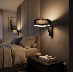 Modern Aluminum Wall Lamp Black Fabric Drum Shade <b>LED</b> 2700K Warm <b>Light</b> Dimmable E27 Bulb Wall-<b>Mounted</b> Living Room Fixture - Product Image 2