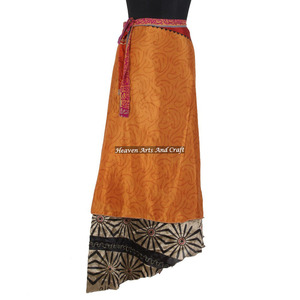 Indian Vintage 2 Layer Magic Hippie Sari Silk <b>Wrap</b> <b>Skirts</b> for Beach Wear 2 Layer Reversible Magic Silk Saris <b>Wrap</b> Long <b>Skirt</b> - Product Image 2