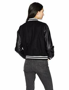 Women's Black Varsity <b>Jacket</b> PU Leather Sleeve Contrast Trim Turn-down Collar Full Sleeve Regular Length Autumn Style - Product Image 2