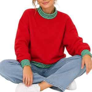Sweat-shirt personnalisable rouge de Noël à col montant pour femme, pull en molleton oversize uni avec bordure contrastante à carreaux, idéal pour les fêtes - Product Image 1