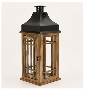 Lanterne à bougie décorative en bois de style farmhouse avec dessus en métal, lanterne de table vintage pour la décoration de la maison et l'éclairage extérieur du patio - Product Image 4
