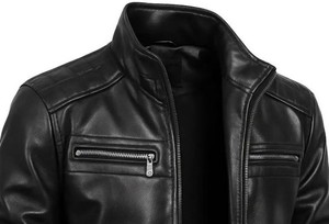 Blouson moto en cuir noir pour homme, col montant, fermeture éclair, coupe ajustée, pour l'automne - Product Image 2