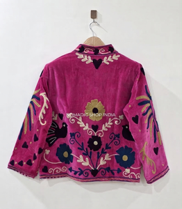 Wholesale <b>Women</b> Pink <b>Velvet</b> <b>Jacket</b> Hand Embroidered Vintage Ethnic Boho Open Front Coat Short Casual Winter Outerwear - Product Image 4