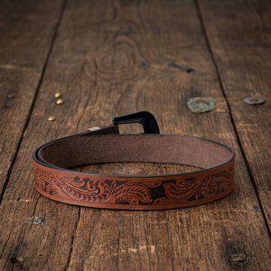Vintage Wester Style Hand Carved Floral Engraved Men <b>Women</b> <b>Brown</b> Western Leather Tooling <b>Belt</b> with Designer Brass Buckle Set - Product Image 4