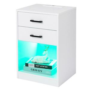 FCH White 40*35*60cm Nightstand with LED <b>Light</b> Particleboard Pasted Triamine Two Drawers and <b>Socket</b> Bedside Table - Product Image 5