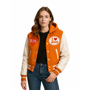 เสื้อแจ็คเก็ตฮู้ดดี้สีส้มสำหรับผู้หญิง ติดกระดุมแป๊กด้านหน้า ปักลายปักแบบกำหนดเอง เสื้อคลุมลำลองสไตล์สตรีทแวร์ - Product Image 3