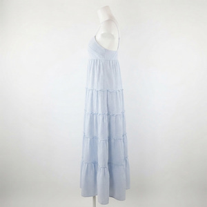 Robe longue décontractée en coton tricoté bleu clair à rayures, bretelles spaghetti, taille élastique, style bohème, respirante pour l'été - Product Image 2