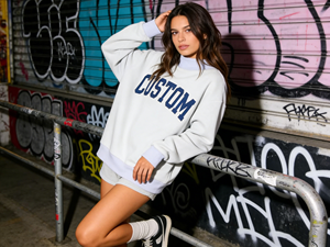 Womens Mock Neck Sweatshirt Slouchy <b>Drop</b> Shoulder Light Grey Custom Varsity Graphic Pullover Fleece - Product Image 4