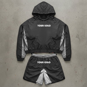 Men's Red Nylon Short Set Hooded <b>Zip</b> <b>up</b> <b>Jacket</b> Contrast Panel Graphic Print Track Shorts Custom Wholesale - Product Image 4