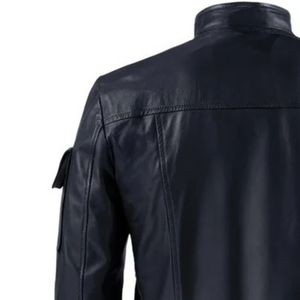 Mens Black Genuine Leather Streetwear Jacket Four Flap Pockets Shoulder Epaulets Stand Collar <b>Zip</b> Front Premium Custom Outerwear - Product Image 4