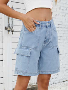 High Rise Light Blue Denim Cargo Shorts With Multiple Pockets Casual Style Breathable Woven Fabric Button Fly Design - Product Image 2
