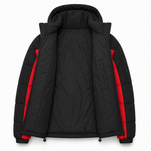 Custom Casual Hooded Puffer <b>Jacket</b> Winter Streetwear Color Block Panels Warm Embroidered Front Logo Zipper Pockets Service - Product Image 5