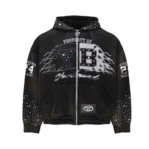 Sudadera con Capucha y Cremallera Personalizada para Hombre, Negra con Pedrería, Estilo Hip Hop, Lavado Ácido, Ajuste Regular, Chaqueta de Forro Polar - ¡Gran Oferta! - Product Image 1