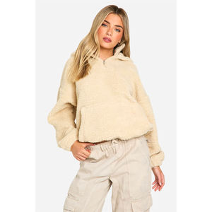Women's Oversized Hooded Fleece Pullover Sweatshirt Solid Color Drop-Shoulder <b>Long</b> <b>Sleeve</b> Winter <b>Crop</b> Top with Pockets - Product Image 4