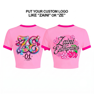 Premium 220 GSM Cotton Spandex Women <b>Crop</b> <b>Top</b> T Shirt Pink Contrast Rib Neck Sleeve Custom DTF DTG Sublimation Print Logo - Product Image 2