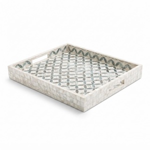 Bandeja Decorativa Hecha a Mano con Incrustaciones de Madreperla, Mosaico Geométrico Cuadrado de Conchas, Plato para Servir, Decoración Vintage para Mesa de Centro - Product Image 1