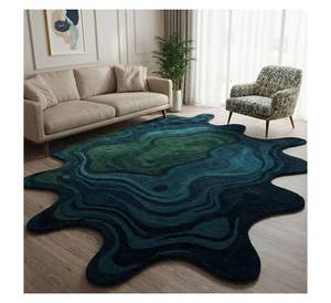 Alfombra de lana verde azul profundo, hecha a mano, de forma irregular, con efecto 3D, para sala de estar moderna, diseño estético y hermoso. - Product Image 2