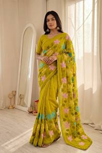Sari de Seda Amarillo con Bordado Floral y Borde de Encaje, Traje Tradicional Indio para Mujer, para Bodas y Ocasiones Especiales, para Todas las Temporadas - Product Image 3