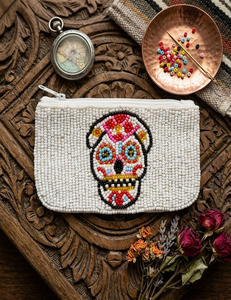 Beaded Skull Coin <b>Purse</b> <b>White</b> Handmade Bohemian Zipper Closure Mini Unisex - Product Image 1