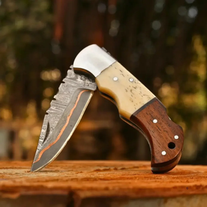 Couteau pliant artisanal LEGACY BLADES en cuivre Damas, lame pointue, manche en bois, fournisseur OEM en gros - Product Image 2