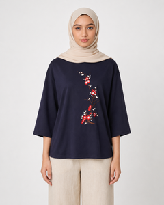 Chemisier brodé bleu marine pour femme, coupe ample, manches 3/4, col rond, motif floral, style décontracté, haut musulman, vente en gros - Product Image 2