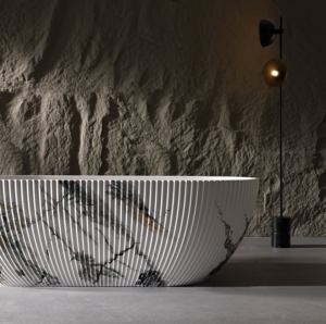 Bañera Ovalada Moderna de Mármol Cultivado con Rayas Verticales, Bañera Independiente de Resina Compuesta Artificial, Ecológica, con Masaje de Aire - Product Image 1