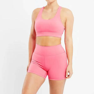 Conjunto de Yoga para Mujer, Color Sólido, Top Deportivo Racerback, Shorts de Cintura Alta, Sin Costuras, Soporte Medio, Rosa - Product Image 3
