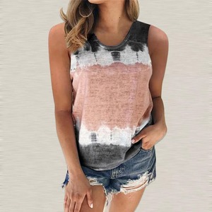 Camiseta sin mangas para mujer con estampado de rayas y tie-dye, bloques de color en degradado negro y rosa, estilo casual y holgado, ideal para verano. - Product Image 1