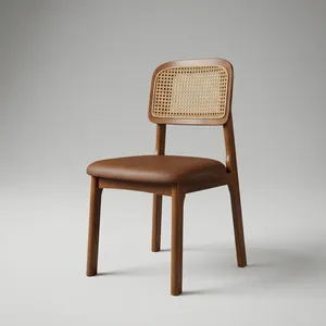 Chaise de restaurant moderne à dossier plein, revêtement en cuir, détails en velours, structure en bois massif pour hôtel, café, maison, cuisine - Product Image 1