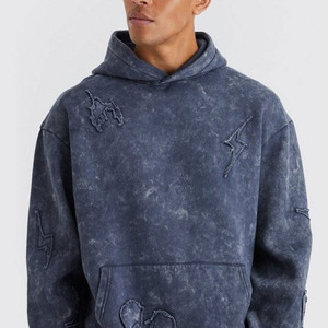 Men Heavyweight 100% Cotton Acid Wash Fleece Tracksuit Hooded Sweatshirt Full Length Jogger Pants Casual Streetwear Winter Set - Product Image 4
