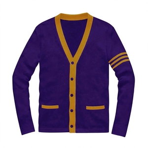 OEM Custom Winter Purple Gold Contrast Trim Knit <b>Cardigan</b> Unisex V Neck Stripe Sleeve Front Logo Preppy Varsity Sweater - Product Image 2
