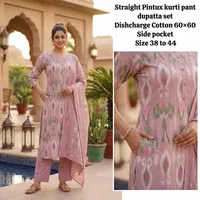 Ensemble Kurti, pantalon et dupatta en coton rose imprimé pour femmes, motif géométrique Ikat, manches trois quarts, tenue ethnique traditionnelle