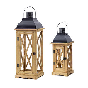 Farol moderno grande de madera marrón y metal negro con paneles de vidrio y asa colgante de acero inoxidable para decoración del hogar - Product Image 5