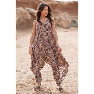 Women Leopard Print Cotton Jumpsuit <b>Spaghetti</b> <b>Strap</b> V Neck Loose Fit Wide Leg Casual Summer Outfit - Product Image 1
